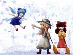  3girls ;p ankle_socks apron black_eyes blonde_hair blue_hair boots bow braid broom brown_hair cirno clenched_teeth closed_eyes dress facing_away flying gonnsuke gradient gradient_background hair_bow hair_tubes hakurei_reimu hat hat_ribbon ice ice_wings kirisame_marisa leaf legs_apart long_sleeves looking_at_another maple_leaf multiple_girls outstretched_arms pointing ribbon scarf short_hair short_sleeves side_glance single_braid skirt skirt_set spread_arms sweater tongue tongue_out touhou tree waist_apron wings wink witch_hat 