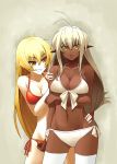  2girls antenna_hair ashikaga_chachamaru bare_shoulders bikini blonde_hair breast_hold breasts cleavage dark_skin grin highres inugoya long_hair multiple_girls navel open_mouth pointy_ears red_bikini sansei_muramasa side-tie_bikini silver_hair smile soukou_akki_muramasa swimsuit thighhighs very_long_hair white_bikini white_legwear white_swimsuit yellow_eyes 