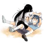  2girls akemi_homura black_hair blue_eyes blue_hair casual child clenched_teeth dddoochi1 fighting girl_on_top hair_pull hairband holding_hands long_hair mahou_shoujo_madoka_magica miki_sayaka multiple_girls polo_shirt short_hair shorts skirt tears younger 