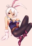  1girl animal_ears bare_shoulders belt black_legwear blush breasts bunnysuit cleavage detached_collar female folded_ponytail gloves high_heels league_of_legends looking_at_viewer mokoke necktie pantyhose paw_gloves rabbit_ears red_eyes riven_(league_of_legends) short_hair single_glove solo white_hair wrist_cuffs 