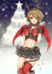  1girl breasts brown_hair chain christmas christmas_tree gloves green_eyes headgear highres kantai_collection looking_at_viewer mutsu_(kantai_collection) personification reindeer_antlers santa_costume short_hair skirt snowing solo star taniwasu thighhighs wink 
