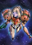  1girl absurdres alan_campos arm_cannon blonde_hair blue_eyes highres lips long_hair metroid neon_trim no_headwear no_helmet nose ponytail power_suit realistic samus_aran solo star starry_background varia_suit weapon 