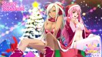  2girls 3ping_lovers!_ippu_nisai_no_sekai_e_youkoso :d bare_shoulders belt boots bow box breasts christmas christmas_tree cleavage dark_skin fur_trim gift gift_box green_eyes hair_bow hat highres huge_breasts ino lips long_hair merry_christmas multiple_girls navel night open_mouth pink_hair red_eyes santa_costume santa_hat silver_hair sitting smile snowing star star_(sky) thighhighs 