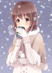  brown_eyes brown_hair can gloves hagiwara_yukiho highres idolmaster mini39mame snow sweater 