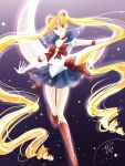  1girl 2013 :d absurdly_long_hair bishoujo_senshi_sailor_moon blonde_hair blue_eyes blue_skirt boots choker crescent_moon dated drill_hair elbow_gloves gloves highres knee_boots long_hair moon open_mouth outstretched_arms red_boots sailor_collar sailor_moon sakura12140814 signature skirt smile spread_arms tsukino_usagi twintails very_long_hair white_gloves 
