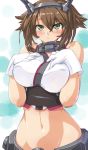  1girl bare_shoulders blush breasts brown_hair dd_(ijigendd) gloves green_eyes hairband kantai_collection looking_at_viewer mutsu_(kantai_collection) navel short_hair solo white_gloves 