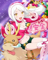  1girl \m/ artist_request bag bell belt blush breasts choker eve_santaclaus hat idolmaster idolmaster_cinderella_girls jacket jpeg_artifacts long_hair midriff navel official_art open_mouth reindeer santa_hat short_shorts shorts smile solo star thighhighs white_hair yellow_eyes 