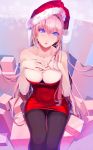  1girl absurdres black_legwear blue_eyes blush breasts cleavage dress hat highres long_hair looking_at_viewer megurine_luka okingjo open_mouth pantyhose pink_hair red_dress santa_hat solo vocaloid 