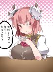  &gt;:o 1girl :o angry annoyed bandaged_arm blush breast_rest breasts bun_cover double_bun flower hammer_(sunset_beach) hands_clasped ibaraki_kasen large_breasts looking_at_viewer pink_hair rose short_hair solo sweatdrop tabard touhou 