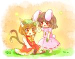  2girls animal_ears bow brown_hair bunny_tail carrot cat_ears cat_tail chen chibi clover dress flower four-leaf_clover gradient gradient_background grass hair_flower hair_ornament hand_on_own_head inaba_tewi jewelry long_sleeves mob_cap multiple_girls multiple_tails open_mouth orange_background outdoors pendant pink_dress rabbit_ears red_eyes short_hair sitting skirt skirt_set tail tanikake_yoku touhou 