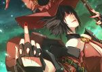  1girl black_hair blue_eyes breasts cleavage detached_sleeves fingerless_gloves gloves guilty_gear halterneck hat i-no ian_olympia instrument middle_finger nail_polish short_hair solo witch_hat 