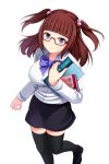  1girl bespectacled black_legwear blue_eyes book bow female glasses hair_bobbles hair_ornament highres looking_at_viewer red-framed_glasses redhead semi-rimless_glasses solo thighhighs twintails two_side_up umineko_no_naku_koro_ni under-rim_glasses ushiromiya_ange uzu_hi 