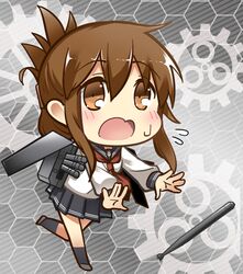  1girl bell_(artist) brown_eyes brown_hair chibi folded_ponytail inazuma_(kantai_collection) kantai_collection long_hair personification school_uniform serafuku solo 