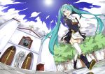  1girl @ichigo absurdres aqua_eyes aqua_hair bell bible bird boots church clouds cross crossed_arms fisheye garter_straps habit hatsune_miku highres holding jewelry lens_flare long_hair necklace nun open_mouth sky solo statue thighhighs tree twintails very_long_hair vocaloid walking 