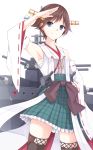  1girl armpits blue_eyes brown_hair detached_sleeves hairband hand_on_hip he92 hiei_(kantai_collection) highres japanese_clothes kantai_collection looking_at_viewer machinery nontraditional_miko personification salute sarashi short_hair smile solo thighhighs turret 
