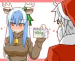  animal_costume antlers bell blue_hair blush breasts bust card christmas costume glasses hair_ribbon hat kamishirasawa_keine morichika_rinnosuke multicolored_hair reindeer_costume ribbon sag_(karehabase) santa_costume santa_hat touhou translated two-tone_hair 