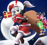  ! 1girl alternate_costume blue_eyes blush boots box full_moon gift gift_box hairband katana konpaku_youmu konpaku_youmu_(ghost) looking_at_viewer mazume moon open_mouth pantyhose sack santa_costume short_hair silver_hair solo sword touhou weapon white_legwear 