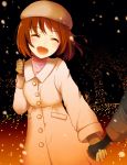  1girl brown_hair hagiwara_yukiho hat highres holding_hands idolmaster mmyk81 smile snow trench_coat winter winter_clothes 