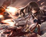  1girl absurdres airplane akagi_(kantai_collection) arrow blood bow_(weapon) brown_hair gloves highres kantai_collection kisa_(k_isa) long_hair quiver red_eyes skirt smoke solo torn_clothes water weapon wince 