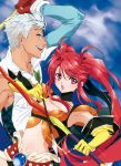  1boy 1girl :o blue_background bow_(weapon) choker gloves grey_eyes highres jako_(toyprn) long_hair loni_dunamis midriff nanaly_fletch red_eyes redhead shirt smile tales_of_(series) tales_of_destiny_2 tan twintails weapon white_hair 