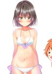  1girl =_= ahoge attsun_(atsushi_jb) bare_shoulders bikini black_hair blush_stickers breasts cleavage front-tie_top green_eyes looking_at_viewer mound_of_venus navel orange_hair original short_hair side-tie_bikini simple_background small_breasts smile swimsuit white_background white_bikini white_swimsuit 