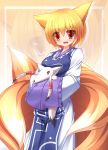  1girl animal_ears animal_hug blonde_hair fox fox_ears fox_tail hands_in_sleeves highres liya red_eyes short_hair tabard tail touhou wide_sleeves yakumo_ran 