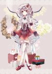  1girl alternate_hair_color arm_ribbon bodice box christmas cross crossed_legs_(standing) flandre_scarlet flower frilled_skirt frills gift gift_box ginzuki_ringo hair_ornament hat hat_ribbon highres holly lace lace_border lavender_hair light_smile looking_at_viewer mary_janes mob_cap pinecone pointy_ears puffy_short_sleeves puffy_sleeves purple_background red_eyes ribbon rose shoes short_hair short_sleeves side_ponytail skirt skirt_hold snowflakes solo star star_hair_ornament thighhighs touhou wings wreath zettai_ryouiki 