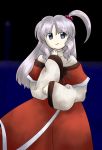  1girl bangs blue_eyes dress hair_ornament hairclip hand_on_own_face highres long_sleeves oota_jun&#039;ya_(style) parody parted_bangs sakuragi_rian shinki side_ponytail silver_hair smile solo style_parody sweater touhou touhou_(pc-98) turtleneck wide_sleeves 