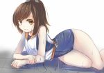  1girl barefoot blush brown_eyes brown_hair i-401_(kantai_collection) kantai_collection looking_at_viewer lying on_side one-piece_swimsuit personification ponytail short_hair smile solo swimsuit tenken_(gotannda) wet 