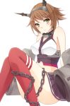  1girl arm_support brown_hair chain green_eyes hairband he92 highres kantai_collection machinery midriff mutsu_(kantai_collection) personification short_hair sitting solo thighhighs 