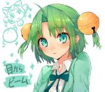  1girl ahoge aqua_eyes bell blouse bow dejiko di_gi_charat expressionless green_hair hair_ornament half_updo short_hair short_twintails solo tokijim twintails white_background 