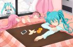  2girls aqua_hair cellphone detached_sleeves food fruit hachune_miku hatsune_miku iphone kotatsu long_hair mandarin_orange megurine_luka multiple_girls necktie open_mouth phone pink_hair sei_(6862879) skirt sleeping smartphone snowman table takoluka twintails very_long_hair vocaloid 