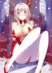  1girl antlers blue_eyes blush breasts cleavage cross-laced_clothes detached_collar elbow_gloves gloves large_breasts long_hair miyazaki_byou original pantyhose pointy_ears red_gloves silver_hair smile solo white_legwear 