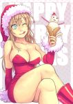  1girl :q and aqua_eyes bare_shoulders blonde_hair boots breasts cleavage crossed_legs detached_sleeves food hat ice_cream ice_cream_cone large_breasts long_hair mustard_seeds original santa_costume santa_hat sitting snowman solo tongue wink 