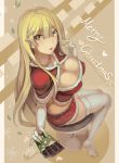  +_+ 1girl :p blonde_hair breasts chocolate_bar cleavage elbow_gloves gloves hair_twirling large_breasts long_hair looking_at_viewer santa_costume shokuhou_misaki sitting skirt smile solo stool thighhighs to_aru_kagaku_no_railgun to_aru_majutsu_no_index tongue walzrj white_gloves white_legwear yellow_eyes 