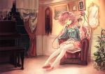  1girl card clock hairband heart instrument komeiji_satori mirror orita_enpitsu piano pink_eyes pink_hair playing_card reflection short_hair sitting skirt smile solo thighhighs third_eye touhou white_legwear wink 