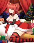  1girl alternate_costume bare_shoulders breasts choker christmas christmas_tree cleavage fumizuki_homura gift hair_bobbles hair_ornament hat hat_removed headwear_removed looking_at_viewer onozuka_komachi red_eyes redhead santa_costume santa_hat short_hair solo striped striped_legwear thighhighs touhou twintails 