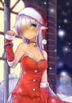  1girl arm_warmers bare_shoulders bell_choker blue_eyes blush breasts choker christmas cleavage cuffs dress hair_over_one_eye handcuffs hat hitoshi_(pixiv3340857) long_hair original pointy_ears red_dress sack santa_hat silver_hair snow snowing snowman solo tears very_long_hair 