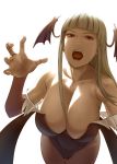  1girl backlighting bangs bare_shoulders blunt_bangs breasts bugfix head_wings long_hair looking_at_viewer morrigan_aensland open_mouth pose red_eyes solo vampire_(game) white_background 