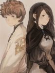  1boy 1girl agnes_oblige back-to-back black_hair bravely_default:_flying_fairy brown_eyes brown_hair hairband long_hair maekakekamen smile tiz_oria 