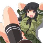  1girl arms_behind_head black_hair braid crossed_legs dd_(ijigendd) kantai_collection kitakami_(kantai_collection) long_hair looking_at_viewer neckerchief open_mouth payot single_braid sitting skirt smile solo violet_eyes 