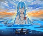  1girl antenna_hair blue_eyes blue_hair bubble clouds denpa_onna_to_seishun_otoko hand_on_own_chest highres long_hair nail_polish ocean off_shoulder open_mouth partially_underwater_shot pleated_skirt reflection skirt sky solo tears touwa_erio twilight very_long_hair wading water wet wet_clothes xyomouse 