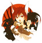  1girl animal_ears bracelet brooch brown_hair bust dress fang ichizen_(o_tori) imaizumi_kagerou jewelry long_hair looking_at_viewer open_mouth red_eyes solo touhou wolf_ears 