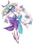  1girl blue_eyes blue_rose dress elbow_gloves florges flower gloves hair_flower hair_ornament kuro_guren long_hair looking_at_viewer parasol personification pointy_ears pokemon pokemon_(game) pokemon_xy rose smile solo twintails umbrella very_long_hair white_background yellow_rose 