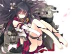  1girl cannon closed_eyes detached_sleeves flower hair_flower hair_ornament kantai_collection leg_hug long_hair machinery personification purple_hair shirokitsune smile solo very_long_hair yamato_(kantai_collection) 