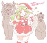  3girls animal_costume antlers blush christmas gloves green_hair hair_ornament hat kochiya_sanae long_hair looking_at_viewer mitsumoto_jouji moriya_suwako multiple_girls reindeer_costume sack santa_costume santa_hat sketch smile star star-shaped_pupils symbol-shaped_pupils touhou translation_request wink yasaka_kanako yellow_eyes 