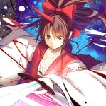  1girl bow breasts brown_hair cleavage collarbone culter hair_bow horn japanese_clothes katana kimono konngara long_sleeves looking_at_viewer ponytail red_eyes sakazuki smile solo sword touhou touhou_(pc-98) weapon wide_sleeves 
