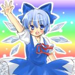  1girl arm_up blue_eyes blue_hair blush bow cirno hair_bow ice ice_wings open_mouth rainbow_background ryou-tan+ solo touhou wings 