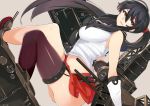  1girl black_hair blush breasts brown_eyes gloves kantai_collection large_breasts long_hair looking_at_viewer midriff navel personification ponytail red_eyes single_thighhigh skirt solo thighhighs wakamesan white_gloves yahagi_(kantai_collection) 