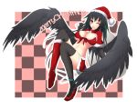  1girl bikini_top black_hair black_legwear black_wings breasts feathered_wings gmot hat highres long_hair red_eyes reiuji_utsuho santa_boots santa_costume santa_hat solo touhou very_long_hair wings wink 